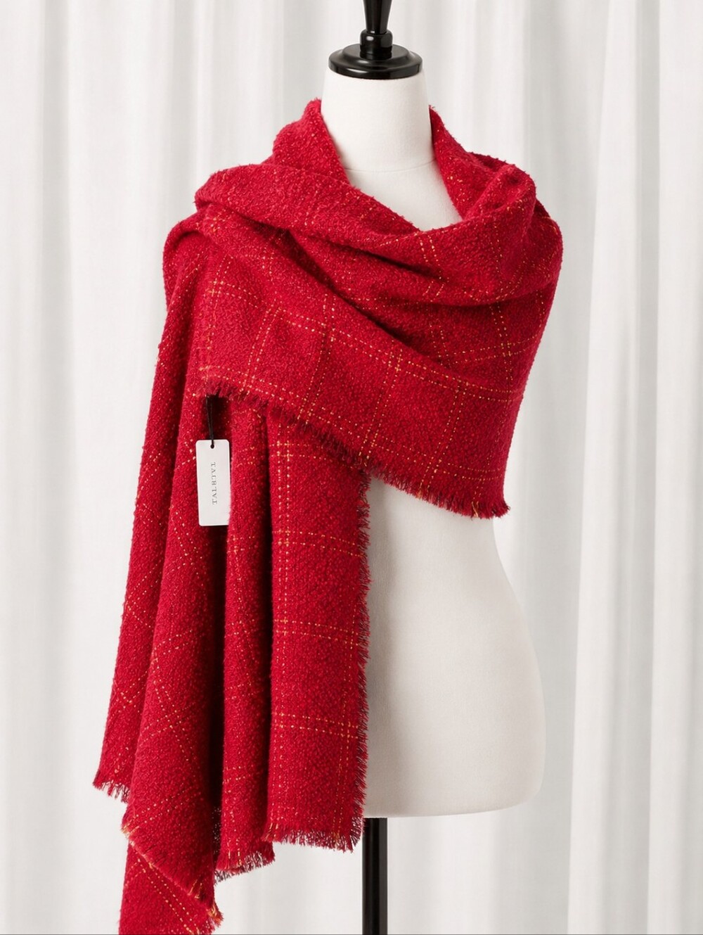 Talbots Red Pop Gold Metallic Windowpane Fringe Edge Obersized Wrap Scarf Shawl